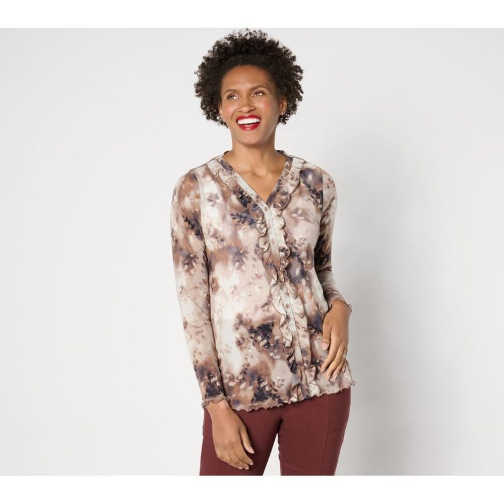 FLIPMITS Women's Top Sweater Sz M Long-Sleeve Cardigan Ruffle Brown